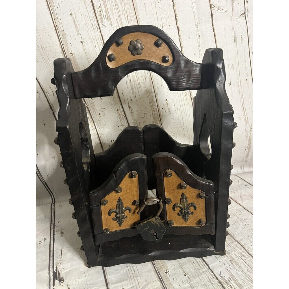 Vintage Wood Liquor Bottle Caddy Japan With Lock Gothic